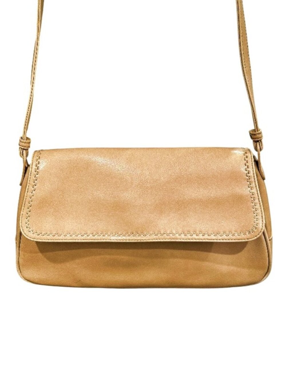 Vintage Liz Claiborne Tan Faux Leather Shoulder Bag Flap Baguette Y2K Minimalist - Picture 3 of 15